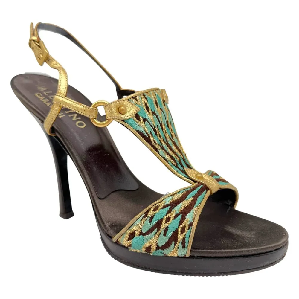 Valentino Garvani Turquoise & Gold Embroidered Sandal Heels